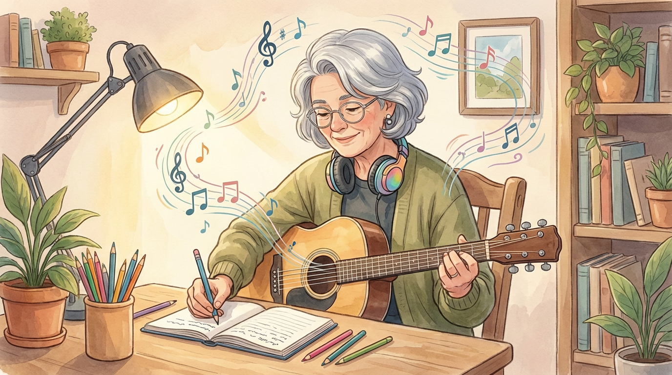 Musician at a cozy desk crafting a personalized song with guitar and notebook