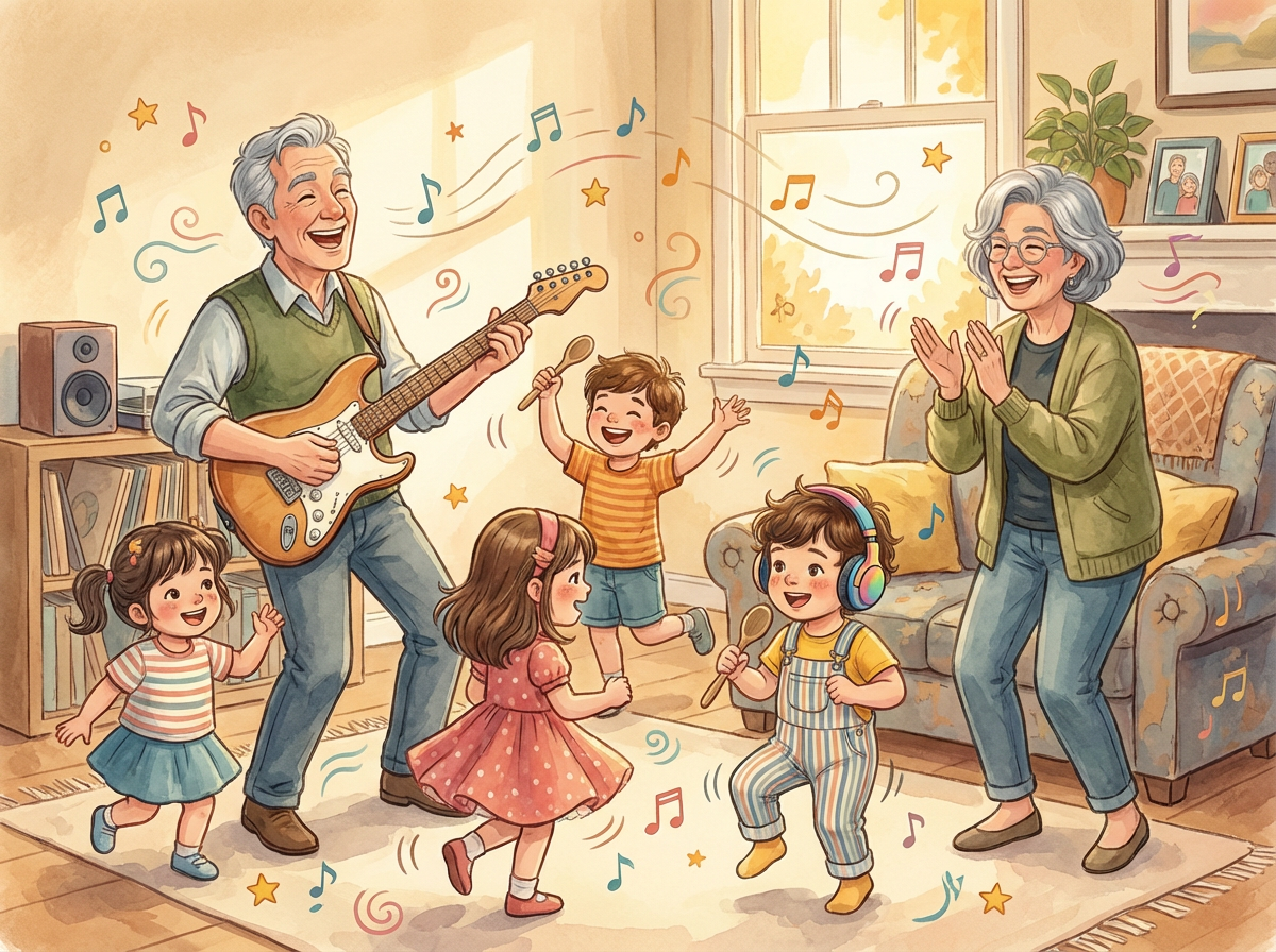 Multi-generational family dancing and singing together in a warm watercolor illustration